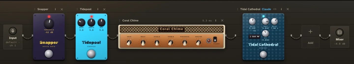 The rack close up: a chorus pedal, an amp, and Tidal Cathedral, an agent-built effect with real knobs and a by Claude badge